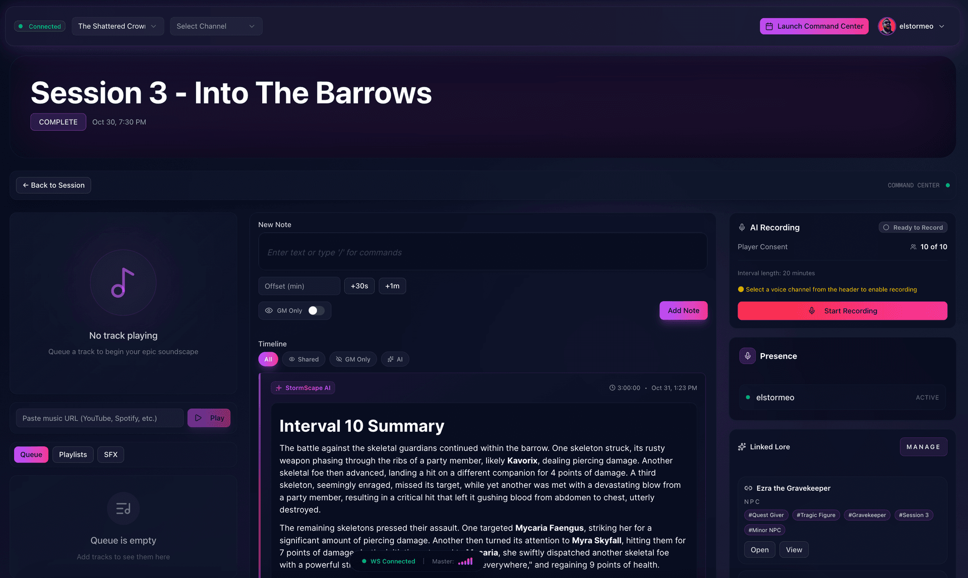 Session Command Center showing live recording, transcription, and AI summaries