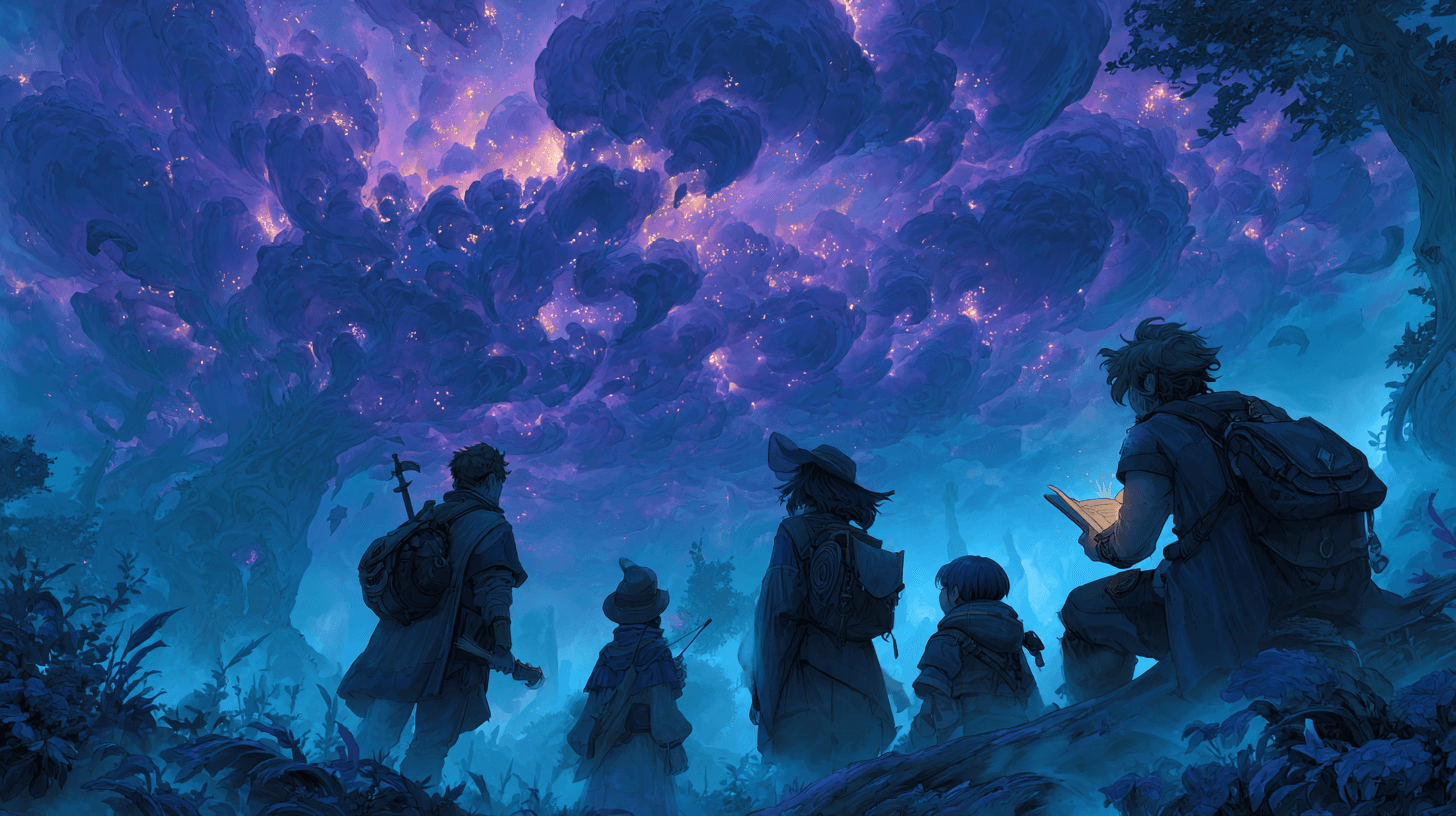 A party of adventurers gazing at the stormy sky