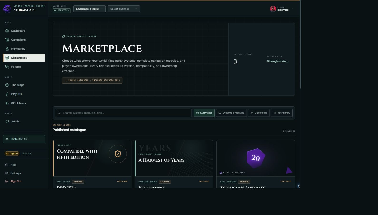 The live StormScape marketplace with the D&D 2024 system, campaign modules, and dice cosmetics