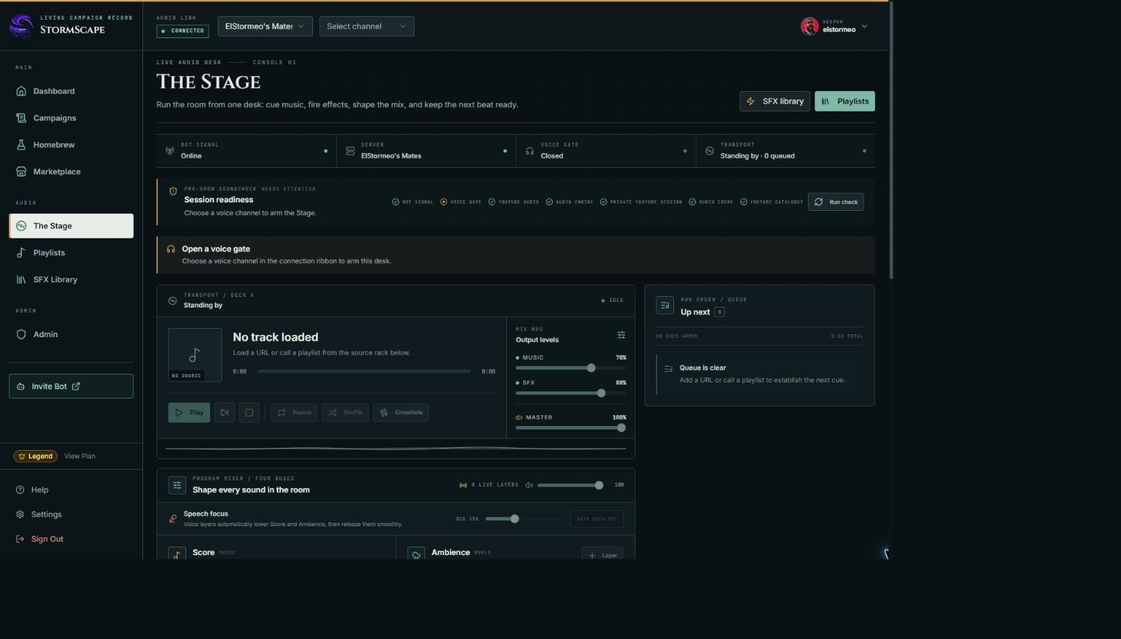 The live StormScape Discord audio stage with separate music, ambience, SFX, and voice buses