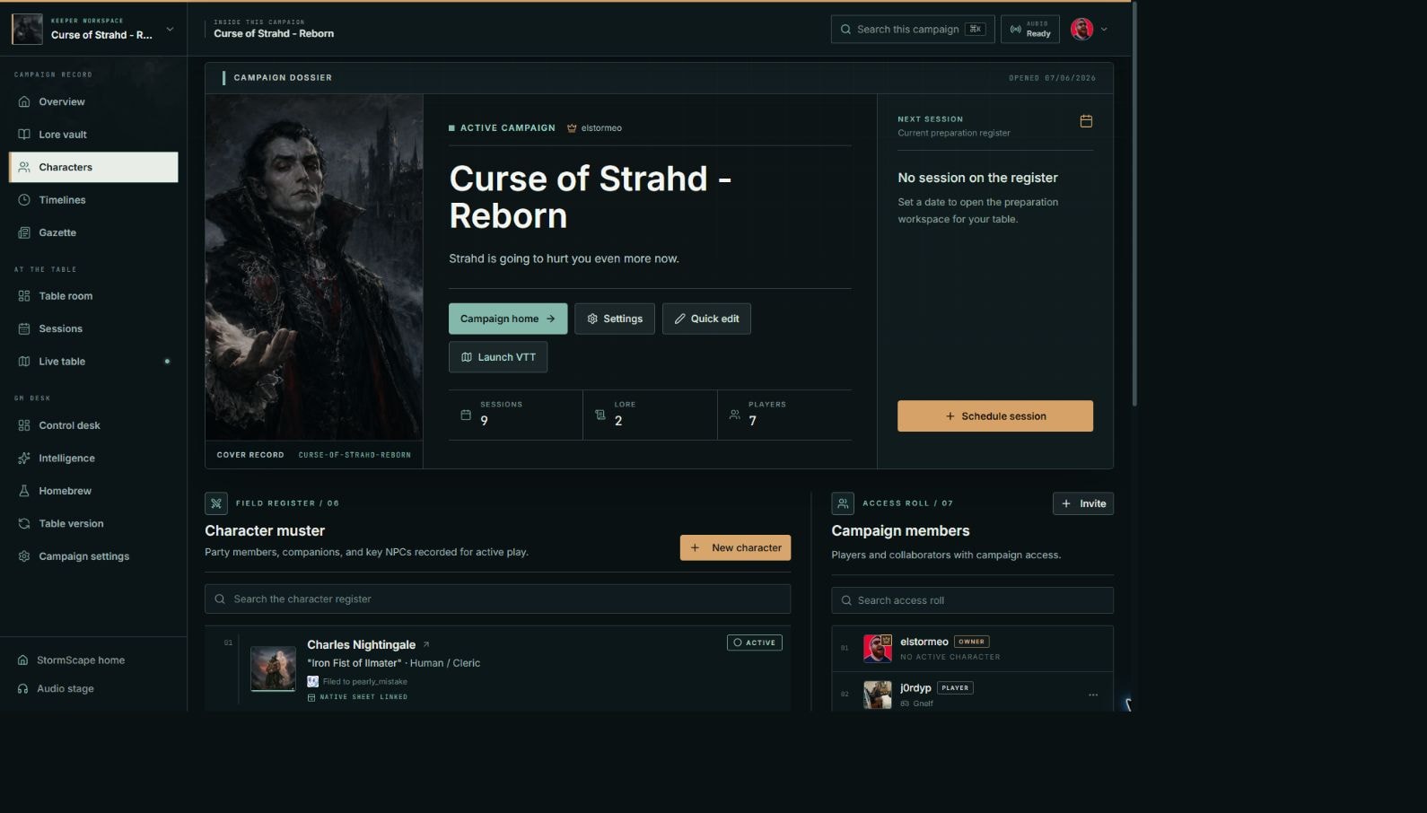 The live character and member roster for Curse of Strahd Reborn in StormScape