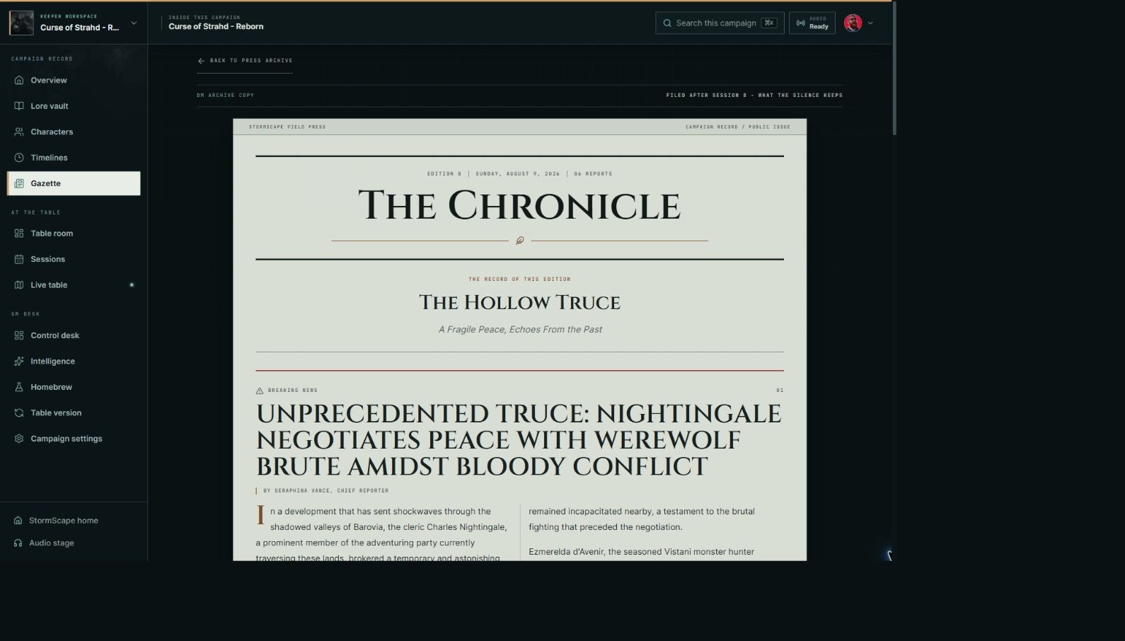 The Hollow Truce, an in-world newspaper edition produced inside a live StormScape campaign