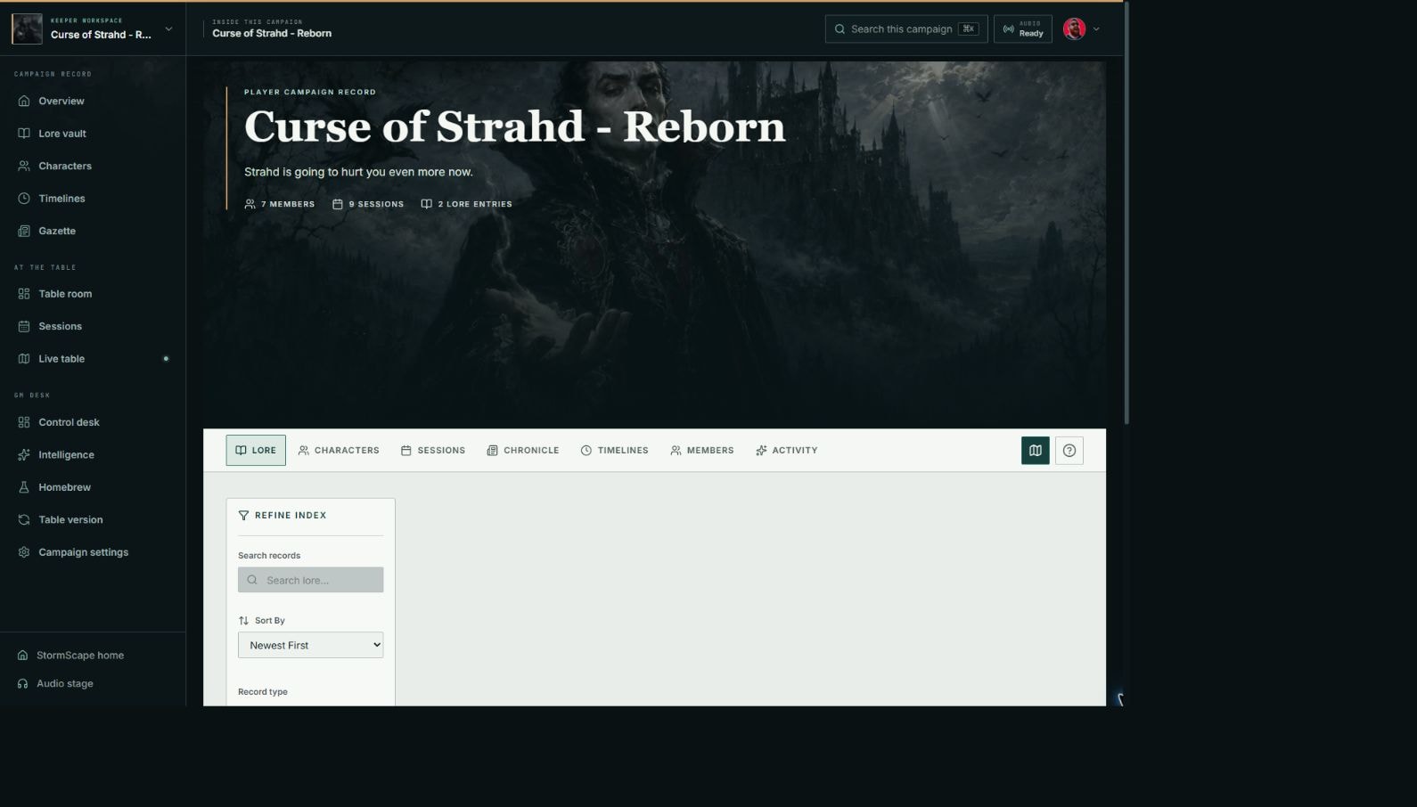 The living player campaign record for Curse of Strahd Reborn