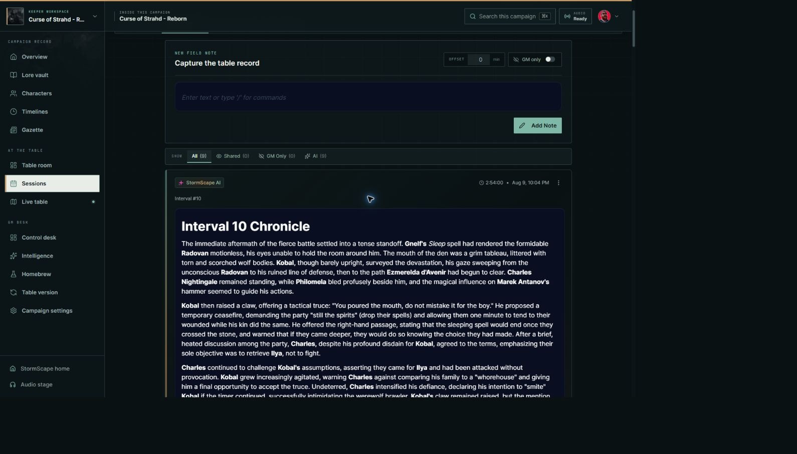 A real StormScape session showing Interval 10 Chronicle, a detailed speaker-aware record generated during play