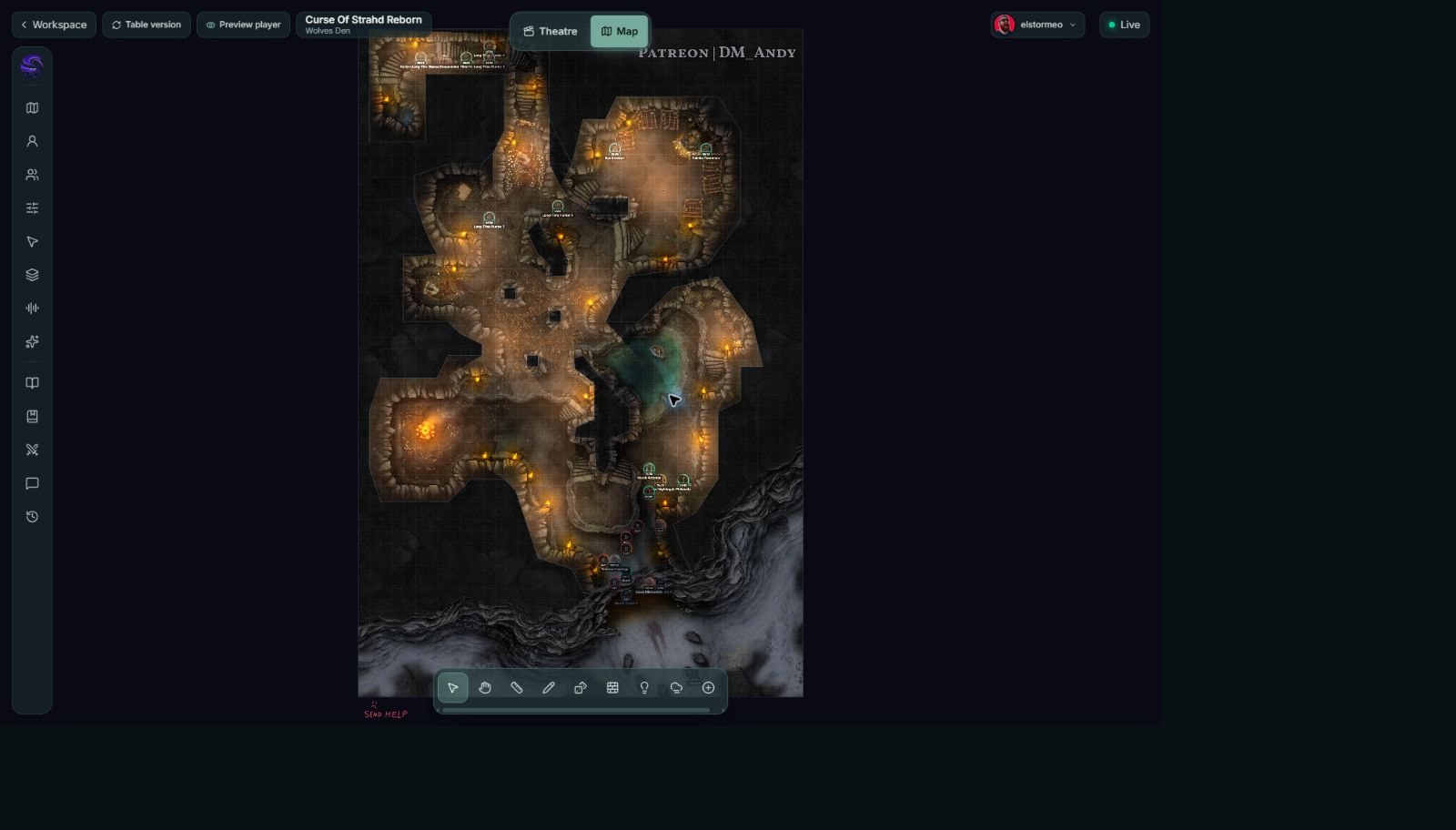 StormScape's live tabletop showing a lit dungeon map, party tokens, and table controls